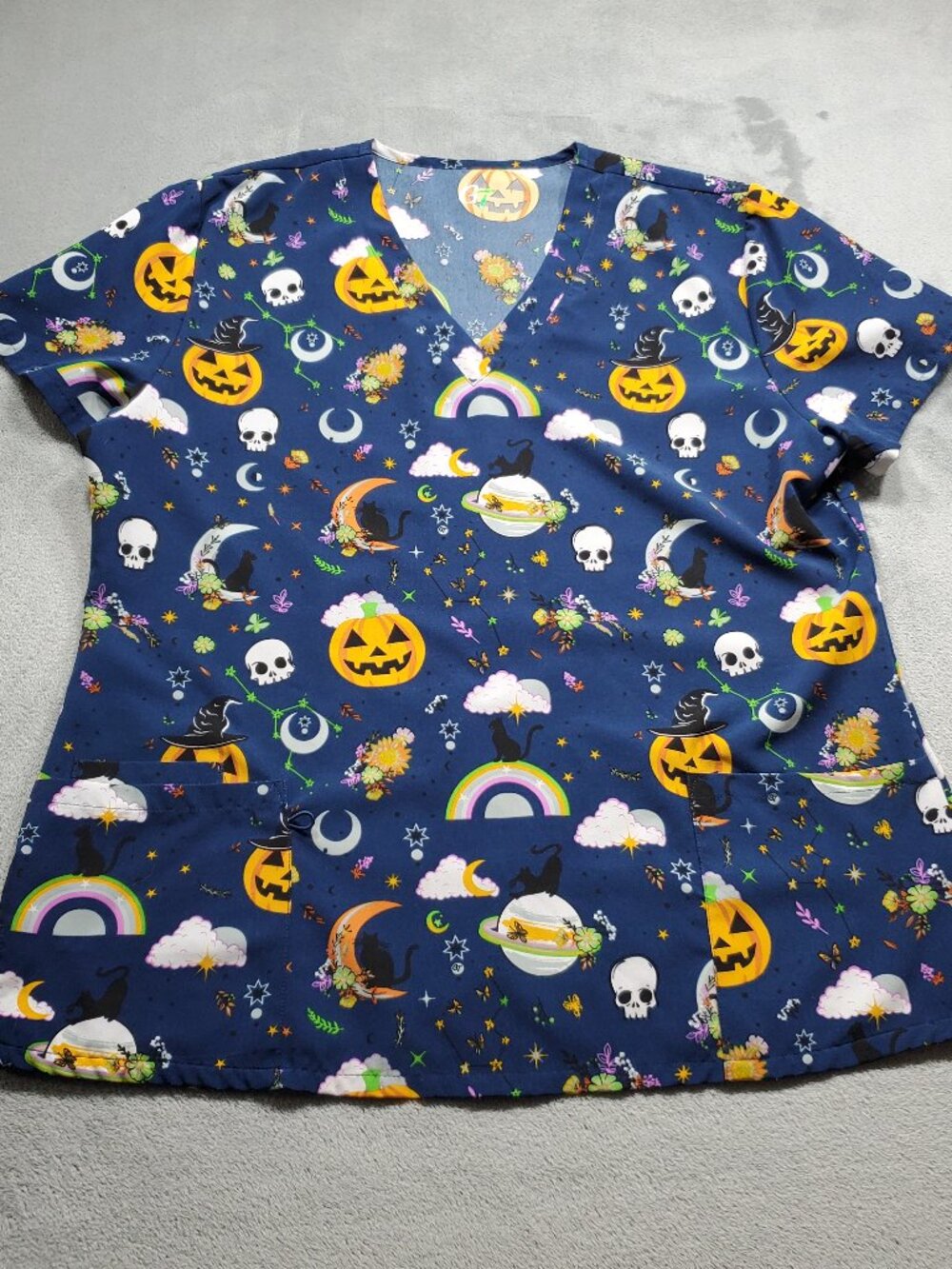GT Scrub V-neck Top Halloween Spooky Theme Navy Blue Wm Sz M